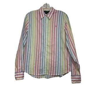 Lauren Ralph Lauren Women’s S Rainbow Stripe Cotton Button Up Shirt Logo Bright